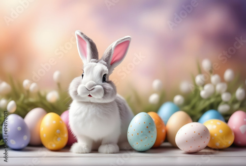 easter bunny with easter eggs background 