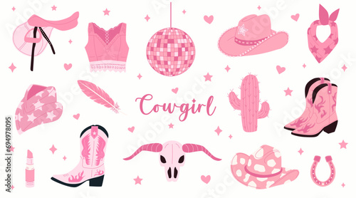 Hand drawn vector pink female cowboy accessories and attributes. Collection of retro Cowboy fashion elements. Cowboy western and wild west theme.