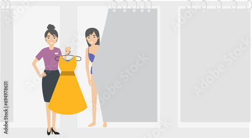 The shopping guide in the fitting room is helping customers choose clothes