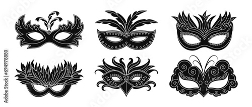 Masquerade carnival masks, set. Black and white design illustration, icons, vector photo