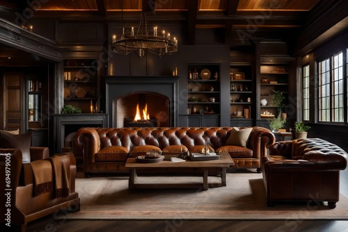 A large, leather Chesterfield sofa is the centerpiece of this room, surrounded by warm wood accents and a stone fireplace. Soft throws and plush cushions create a welcoming atmosphere.  © Johnny Sins