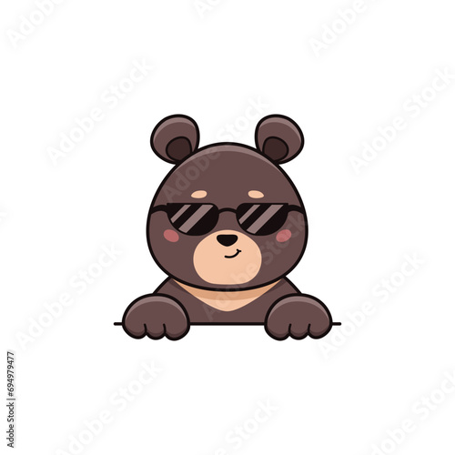 Cute happy black bear in sunglasses in cartoon style. Vector flat illustration