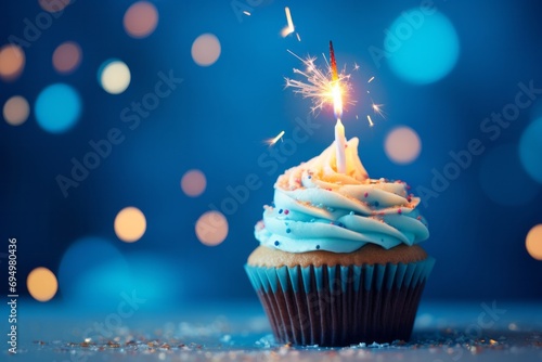 Close-up of birthday cupcake with one candle on blue background with flying confetti and bokeh