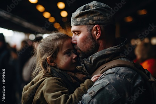 Heartfelt Farewell Soldier Bids Emotional Goodbye to Daughter at the Station, Capturing the Poignant Mobilization Moment in a Patriotic Background. created with Generative AI