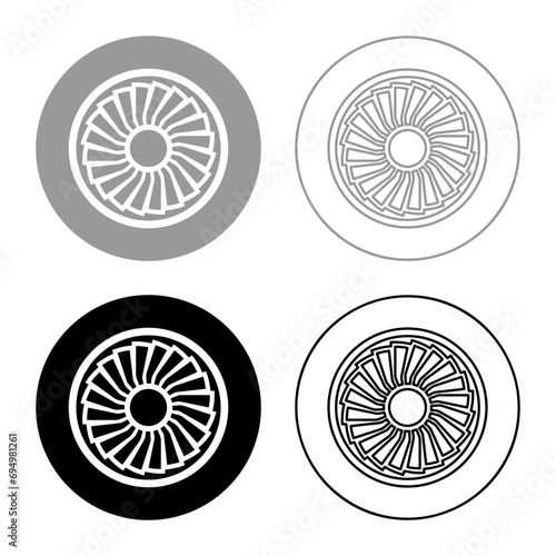 Turbine airplane turbomachine jet engine aircraft motor fan plane set icon grey black color vector illustration image solid fill outline contour line thin flat style