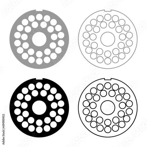 Grate for meat grinder plate mincer device for growing shallow of meat lattice sieve set icon grey black color vector illustration image solid fill outline contour line thin flat style