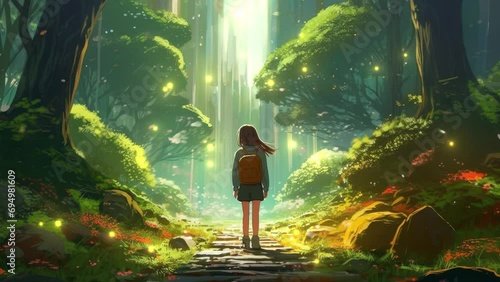 Girl staying alone inside the forest illustration with particles light photo