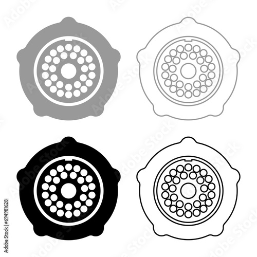 Grate for meat grinder plate mincer device for growing shallow of meat lattice with nut screw female screw pawl stop latch holder set icon grey black color vector illustration image solid fill 