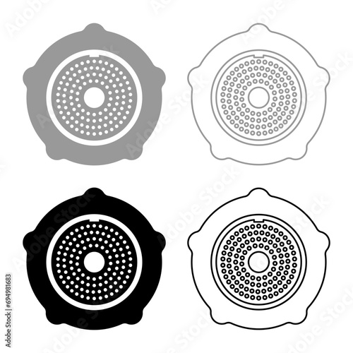 Grate for meat grinder plate mincer device for growing shallow of meat lattice with nut screw female screw pawl stop latch holder set icon grey black color vector illustration image solid fill 