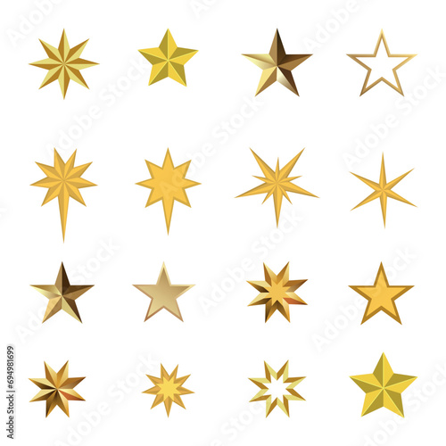 Christmas Star Vector Illustration Set With Clip Art White Background And Christmas Star Symbol, Gold Star Isolated Silhouette Abstract Geometric Rating, Element With White Background.
