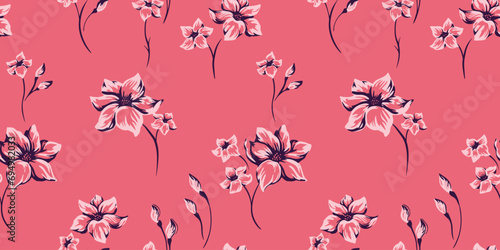 Creative ditsy flowers branches seamless pattern. Vector hand drawn sketch. Colorful brush floral background. Design for fashion, textile, fabric, wallpaper, surface design