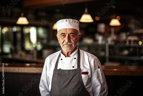 Savoring Legacy Senior Male Chef Stands Proudly in Restaurant Kitchen, A Culinary Maestro in Timeless Uniform, Crafting Gastronomic Excellence. created with Generative AI