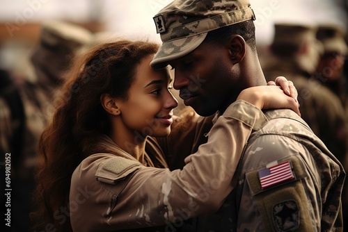 Embrace of Valor Homecoming Heroes Share Emotional Reunions, Soldiers and Loved Ones Unite in Heartfelt Moments of Love, Courage, and Patriotism. created with Generative AI photo