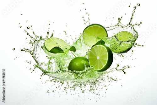 Splashing green cocktail garnished with a slice of lime isolated on white background.: