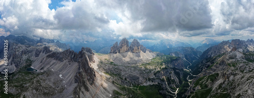 Aerial panoramic view of Tre Cime di Lavaredo mountain in the Dolomites  Italy. Dramatic and cinematic landscape. very famous places for hiking and rock climbing.