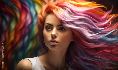 Sensual woman with radiant rainbow-colored hair flowing dynamically, her gaze intense and thoughtful, embodying creativity and diversity