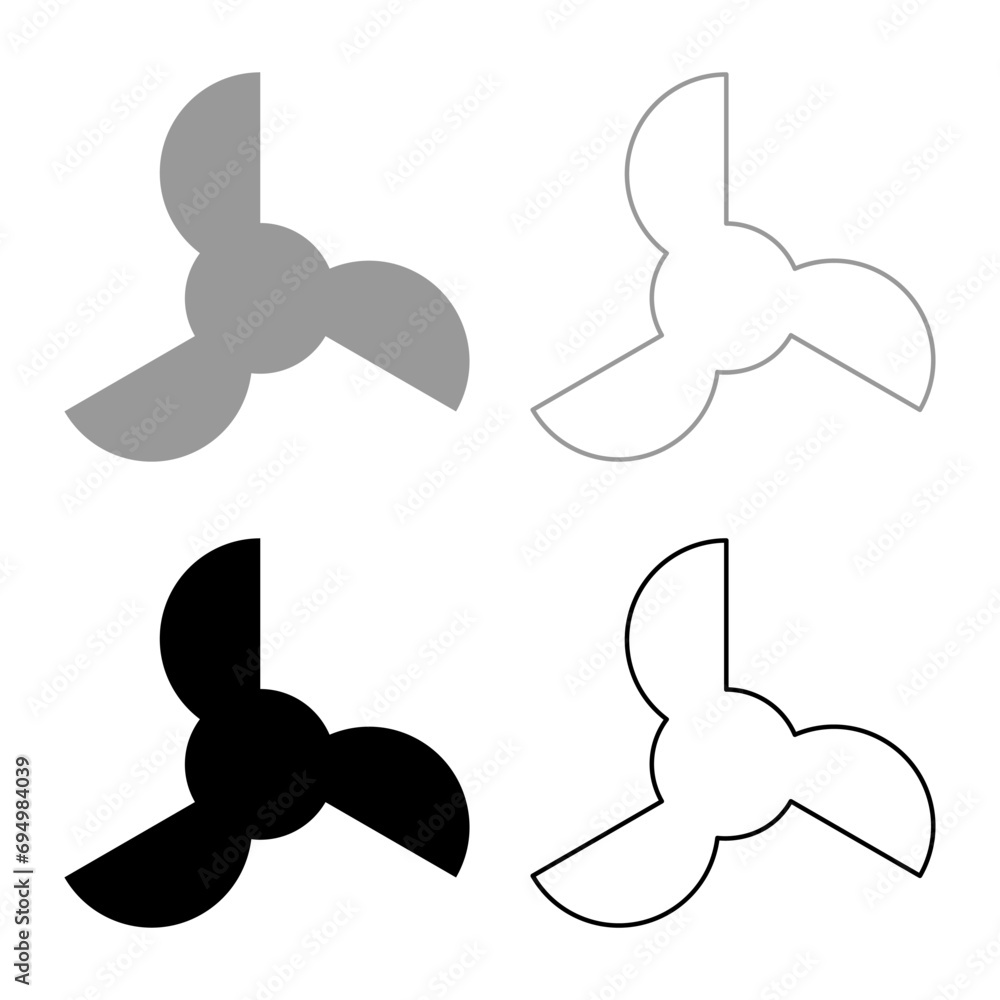 Screw of ship propeller fan turbine threebladed set icon grey black