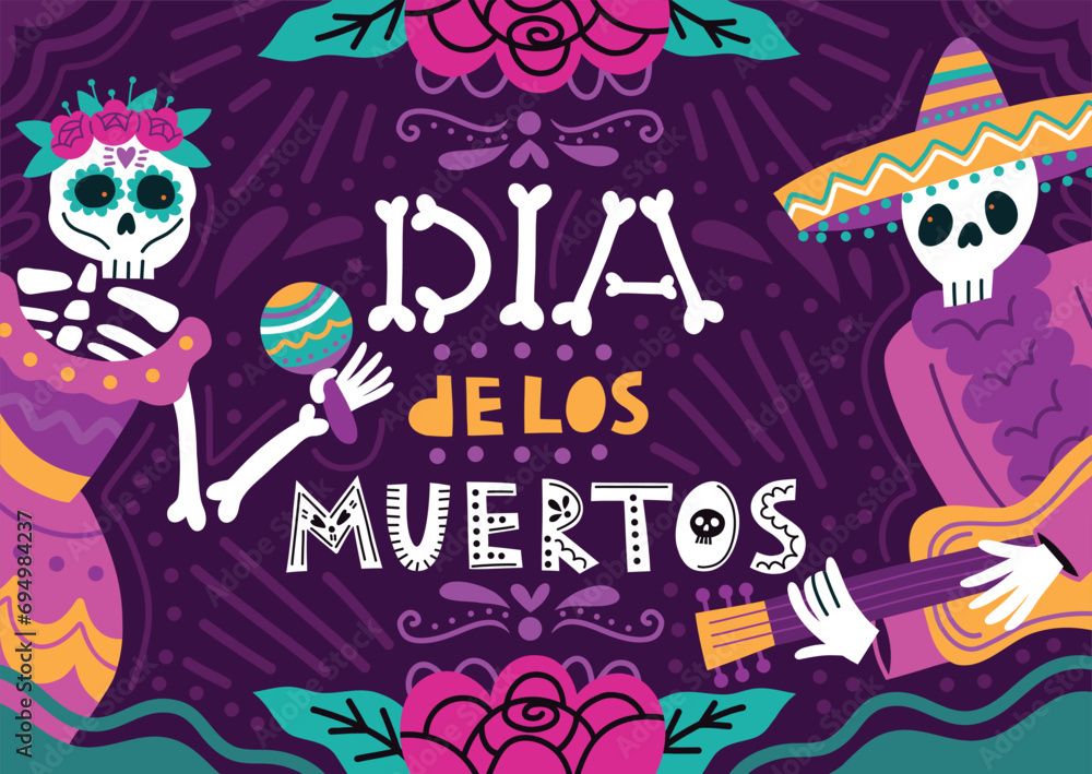 Mexican day of dead poster. Halloween carnival invitation, skeletons in national costumes, death culture traditional symbols, vector set.eps Mexican day of dead poster. Halloween carnival invitation, skeletons in national costumes, death culture traditional symbols, vector set.eps