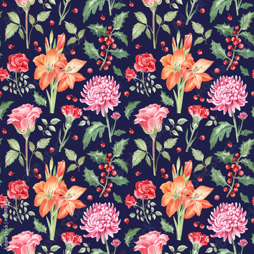 Floral seamless pattern with gladioluses  roses  and holly. Traditional style floral design with the watercolor flowers on the dark blue background