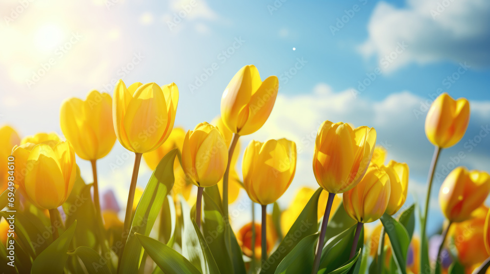 Obraz premium Bright and colorful field of blooming yellow and white tulips under a clear blue sky with the sun shining vividly above.