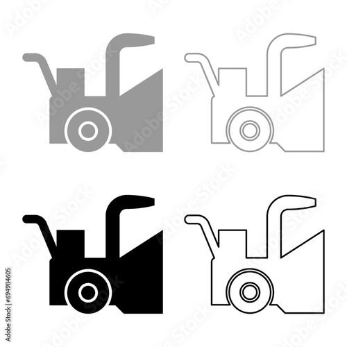 Snowblower snow clear machine snowplow truck plough clearing vehicle equipped seasons transport winter highway service equipment clean set icon grey black color vector illustration image solid fill 