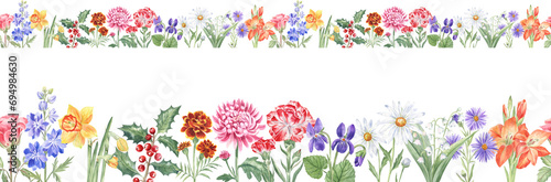 Fototapeta Naklejka Na Ścianę i Meble -  Birth month flowers seamless border, watercolor painting. Elegant botanical illustration of the variety of plants designed as a floral garland