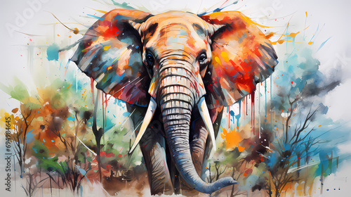 Watercolor painting of a elephant in the wild with dynamic strong brush strokes, vibrant colors, and abstract colors, illustration