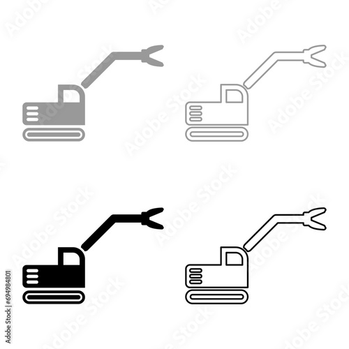 Sloopkraan building machine demolish wrecking cut knife crane truck set icon grey black color vector illustration image solid fill outline contour line thin flat style