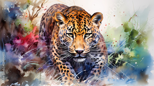Watercolor painting of a leopard in the wild with dynamic strong brush strokes, vibrant colors, and abstract colors, illustration