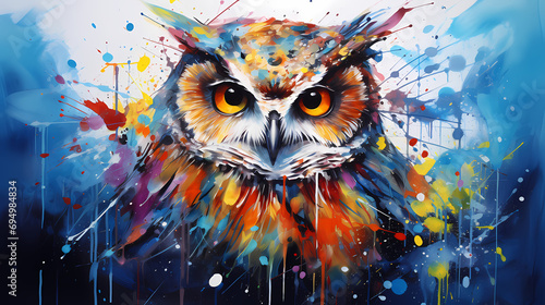 Watercolor painting of a owl in the wild with dynamic strong brush strokes, vibrant colors, and abstract colors, illustration © Artistic Visions