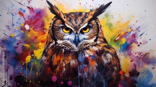 Watercolor painting of a owl in the wild with dynamic strong brush strokes, vibrant colors, and abstract colors, illustration
