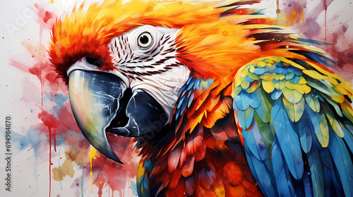 Watercolor painting of a parrot in the wild with dynamic strong brush strokes, vibrant colors, and abstract colors, illustration photo