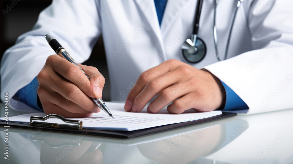 Doctor, is writing on a medical form or prescription pad on a clipboard Doctor, is writing on a medical form or prescription pad on a clipboard