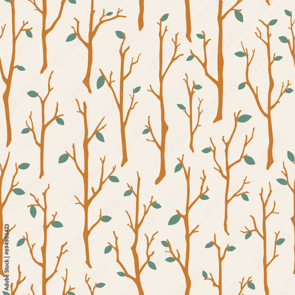 Tree branches seamless pattern. Cute woodland repeated vector illustration. Autumn forest design on pastel beige background for kids, nursery, fabrics. Hand drawn woods nature ornament Tree branches seamless pattern. Cute woodland repeated vector illustration. Autumn forest design on pastel beige background for kids, nursery, fabrics. Hand drawn woods nature ornament