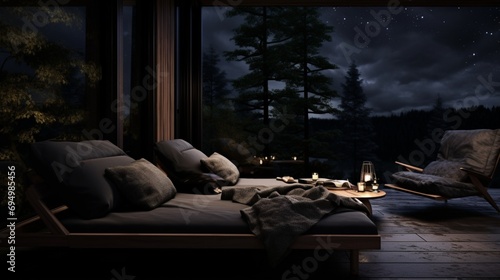 The moody outdoor terrace of Nordic Noir Sleeping Nook, with sleek outdoor furniture, dimmed lighting, and a view of the night sky, providing a contemplative and enigmatic retreat.