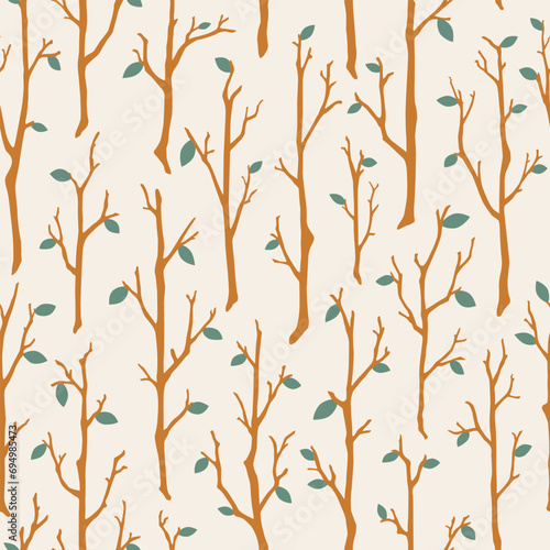 Tree branches seamless pattern. Cute woodland repeated vector illustration. Autumn forest design on pastel beige background for kids, nursery, fabrics. Hand drawn woods nature ornament