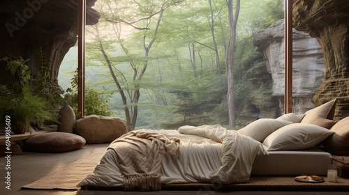 The nature-inspired bedding and textiles in Nature s Embrace Sleeping Space  featuring organic textures and soothing colors  creating a restful and rejuvenating sleeping sanctuary.
