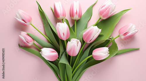 White and pink tulips with green leaves arranged neatly against a soft pink background.