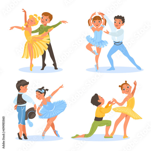 Ballerinas couples. Young ballet dancers. Boys and girls wearing beautiful costumes. Choreographic positions. Kids with tutu and pointe shoes. Dance performance. Splendid vector set