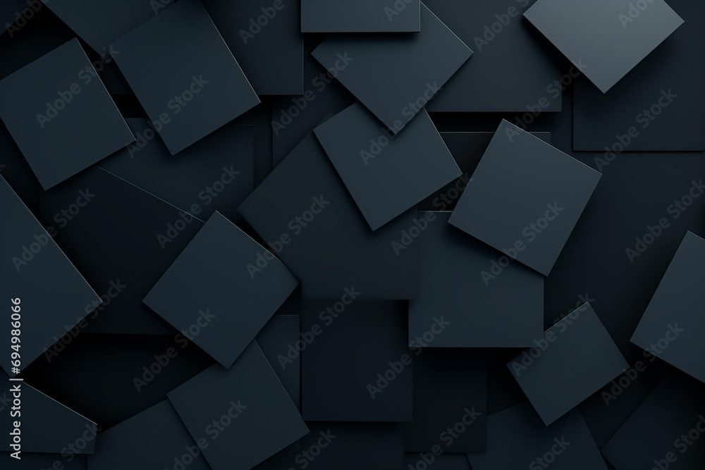 Fototapeta premium 3d render, abstract black geometric background, minimal flat lay, twisted deck of square blank cards with rounded corners created with Generative Ai