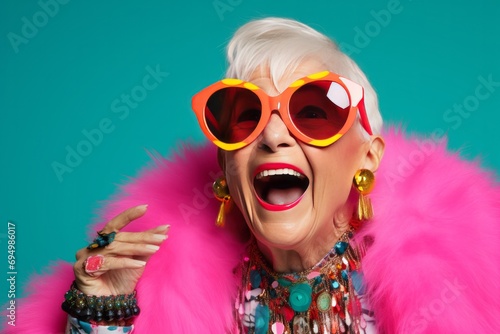 Happy funny senior woman in bright colorful neon outfit