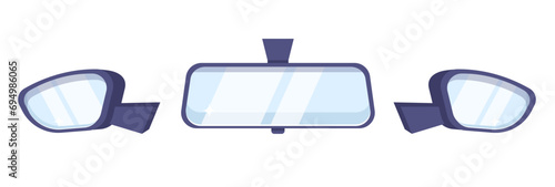 Car rear and side view mirrors. Automobile behind reflection. Auto transportation. Glass frame for vehicle back control. Transport traffic dashboard. Drive visibility. Vector concept