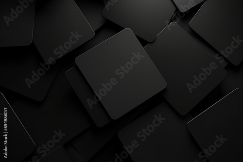 3d render, abstract black geometric background, minimal flat lay, twisted deck of square blank cards with rounded corners created with Generative Ai