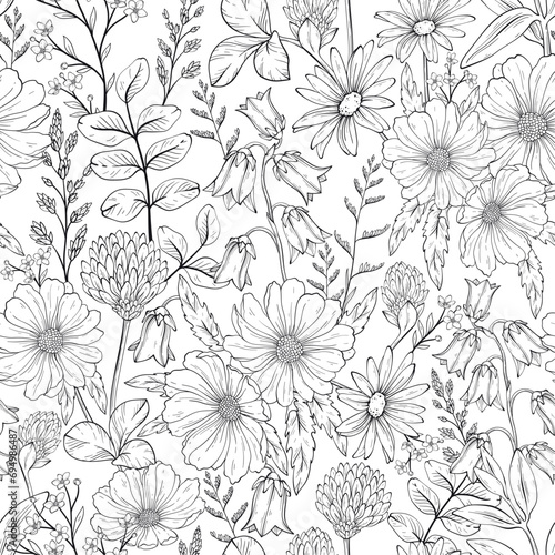black and white pattern of different wild herbs