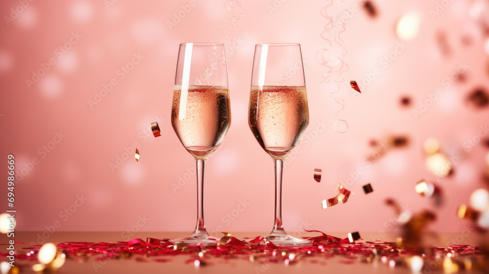 Champagne glasses with sparkling liquid, accompanied by red heart-shaped decorations on a reflective pink surface