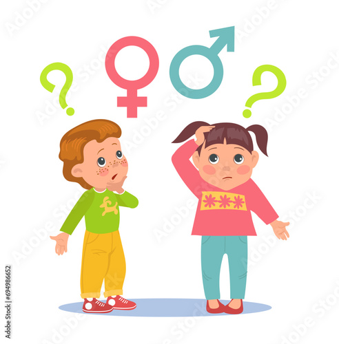 Reproductive info for children. Pensive kids thinking about gender. Thoughtful boy and girl asking questions. School knowledge. Reproduction and orientation. Vector concept