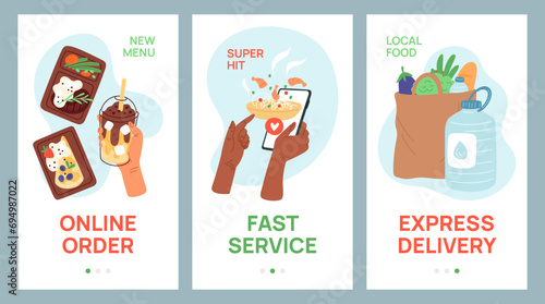 Food delivery service cards. Mobile app screens template. Products fast order. Online grocery choice. Shipment to door. Meal and phone in hands. Supermarket bags. Garish vector set