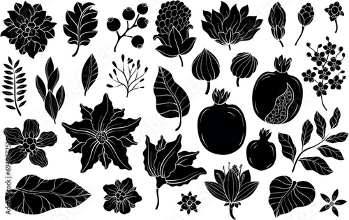 Silhouettes of Pomegranate fruit, flowers, leaves