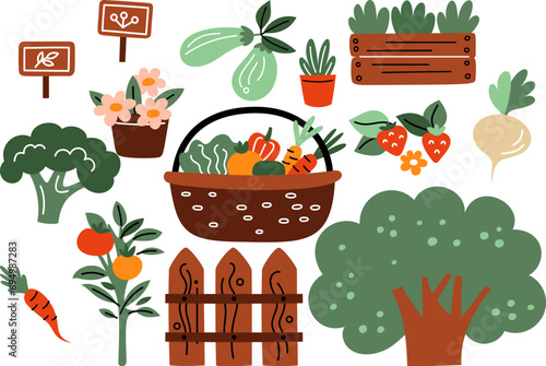 Garden plants. Vegetable gardening. Food growing. Basket with carrots and tomatoes. Wooden fence. Seedlings in pot. Agriculture cultivation. Broccoli and strawberry. Horticulture vector set