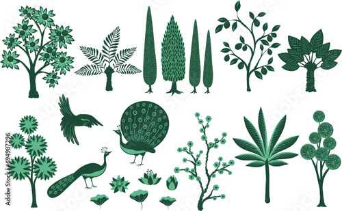 Mughal garden, palms, lotus, peacock set